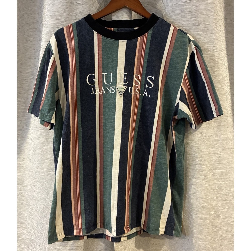 Guess Men's T-Shirt‎ Jeans USA Brand Stripped Size S Vintage 90's Retro Thrashed